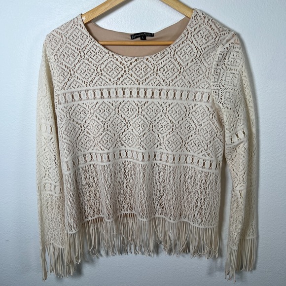 Jessica Max Tops - Jessica Max Lace Fringe Y2K Top Sz L Ivory Western Clean Girl Casual Stretch USA